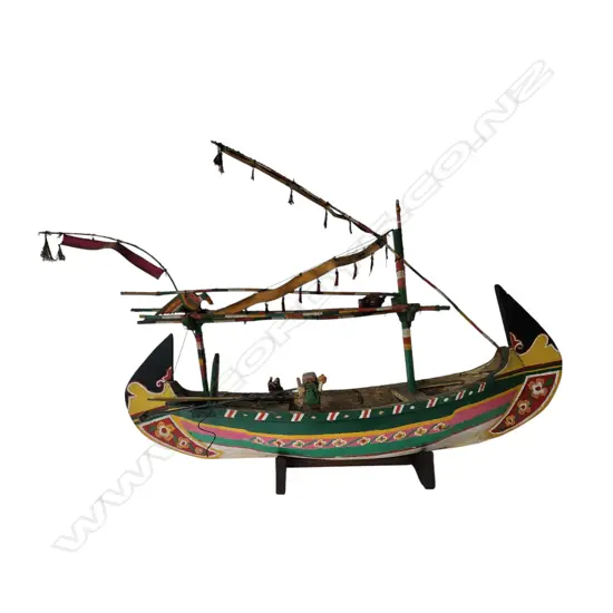 THAILAND DECORATIVELY CARVED & PAINTED MODEL SHIP on stand L.840mm Ex. Monsoon Poon restaurant.