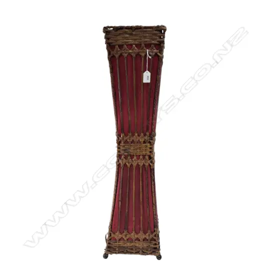 TALL VINTAGE WOVEN CANE FRAMED TABLE LAMP w red cotton lining H.800mm Ex. Monsoon Poon restaurant. 