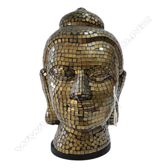 BUDDHA HEAD LAMP OF GOLDEN SMALL MIRRORED SECTIONS on short black base H.395mm Ex. Monsoon Poon restaurant. 