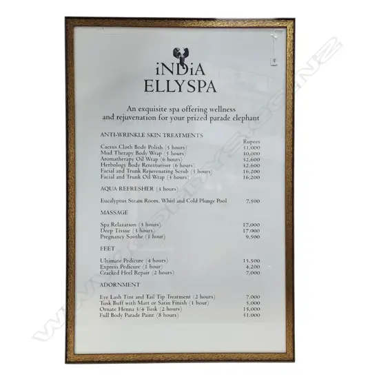 FRAMED POSTER PRICE LIST FOR AN ELEPHANT SPA 'iNDiA ELLYSPA' 1140 X 745mm