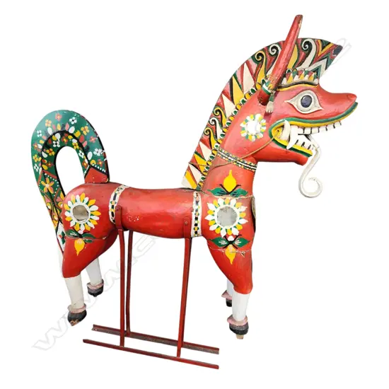 LARGE VINTAGE THAI CARVED & RED PAINTED MODEL HORSE 0n metal stand H.1600mm. Ex. Monsoon Poon restaurant Auckland.