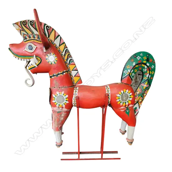 LARGE VINTAGE THAI CARVED & RED PAINTED MODEL HORSE 0n metal stand H.1600mm. Ex. Monsoon Poon restaurant Auckland.