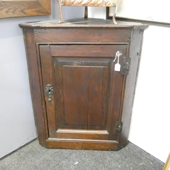SMALL PROPORTION GEORGE III OAK HANGING CORNER CUPBOARD panelled door