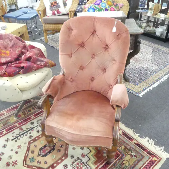 WMIV MAHOGANY FRAMED & VELVET UPHOLSTERED ARMCHAIR