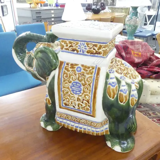GREEN GLAZED ELEPHANT STOOL H.420mm