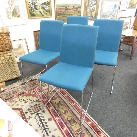 4 MODERN STACKING OFFICE CHAIRS, BLUE UPHOLSTERY