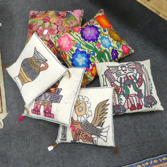 4 PERUVIAN NATIVE FOLK ART EMBROIDERED CUSHIONS + 2 OTHERS