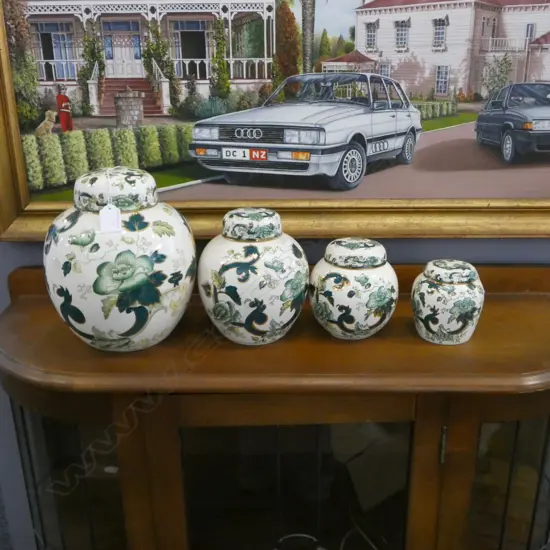 4 MASONS 'CHARTREUSE' LIDDED GINGER JARS H.230mm