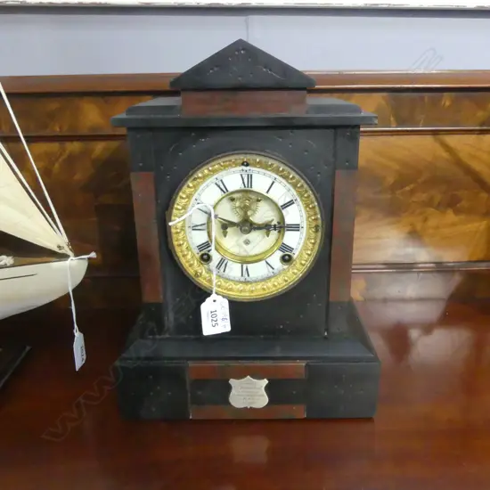 EARLY 20thC ANSONIA BLACK SLATE MANTLE CLOCK H.325mm