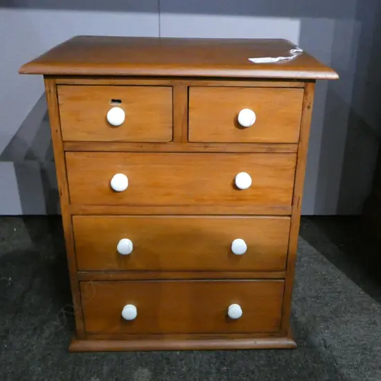 c.1900 COLLECTOR'S CHEST 5 DRAWERS porcelain handles figured kauri top 370 x 275 x 425mm