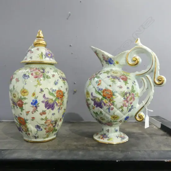 CONT CHINA FLORAL JUG H300MM & MATCHING LIDDED JAR H340MM