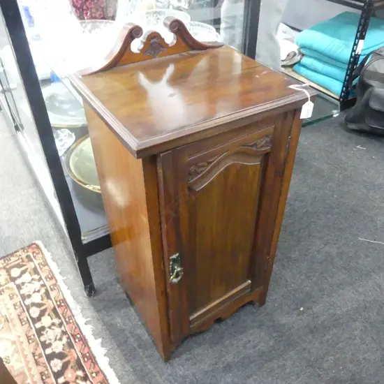 VICTORIAN WALNUT BEDSIDE CABINET single door. Carved restrained detail H.800mm