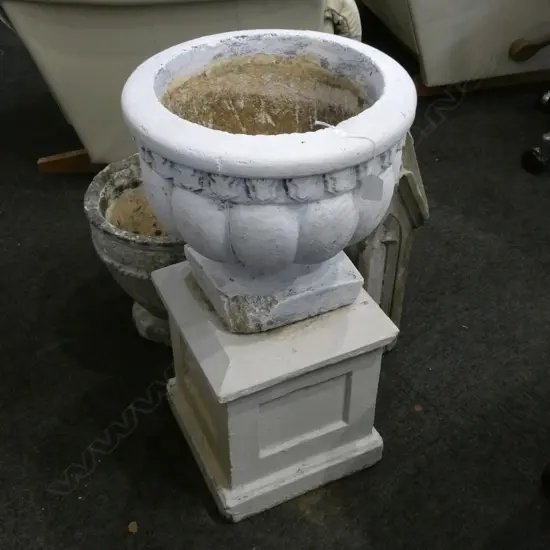 WHITE PAINTED CONCRETE PLANTER URN ON PLINTH H.660mm