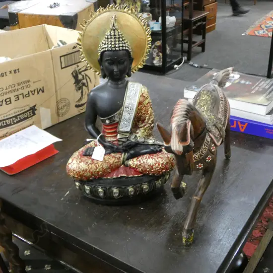 CARVED WOODEN HORSE + PLASTIC BUDDHA H.420mm