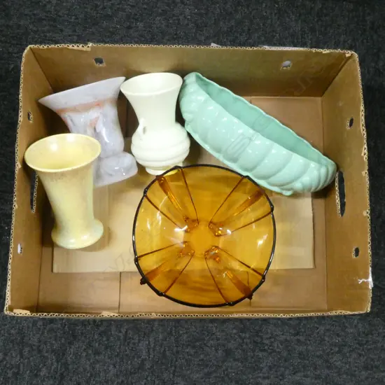 ART GLASS VASE H160MM DECO GLASS BOWL DIA220MM & 3 DECO CHINA VASES 