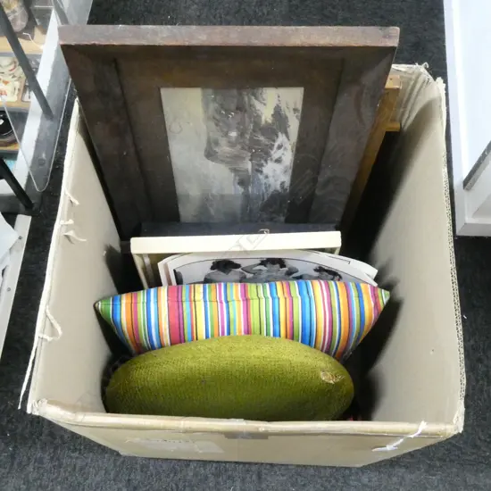 ASST. FRAMED WORKS, PHOTOGRAPHIC WORKS, 2 CUSHIONS, etc