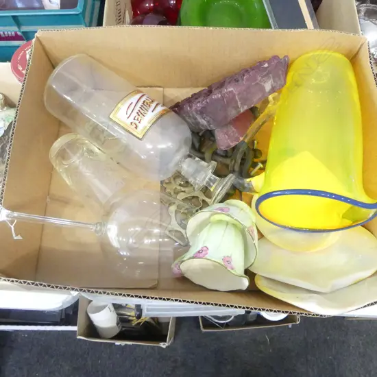 COLLECTABLES INCLDS. TALL VINTAGE GLASS PHARMACY BOTTLE & ART GLASS JUG signed Gloria Ruth Allen and Vivienne Bell