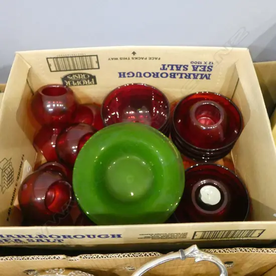 12 RUBY GLASS BOWLS, ASST CANDLE HOLES & 12 GREEN GLASS BOWLS