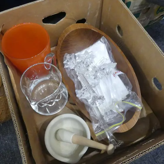 ASST. KITCHENALIA; 3 PRS GRADUATED CLASS CANDLESTICKS, JUG, HAND CRAFTED MORTAR AND PESTLE, etc