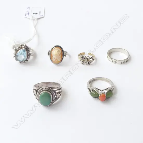 6 SILVER RINGS; ASST STONES