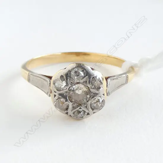 18ct ART DECO GOLD & PLATINUM DIAMOND CLUSTER RING, 2.46gm FAULTS TO CENTRE STONE SIZE O