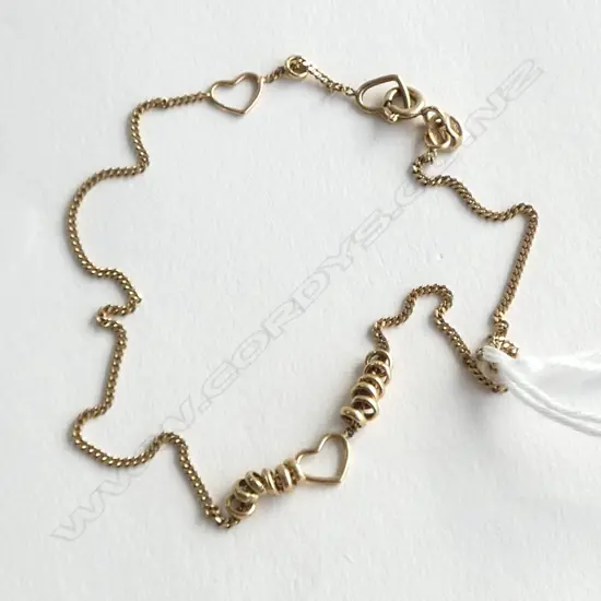 9ct GOLD ANKLET w HEARTS, L.250mm,1.58gm