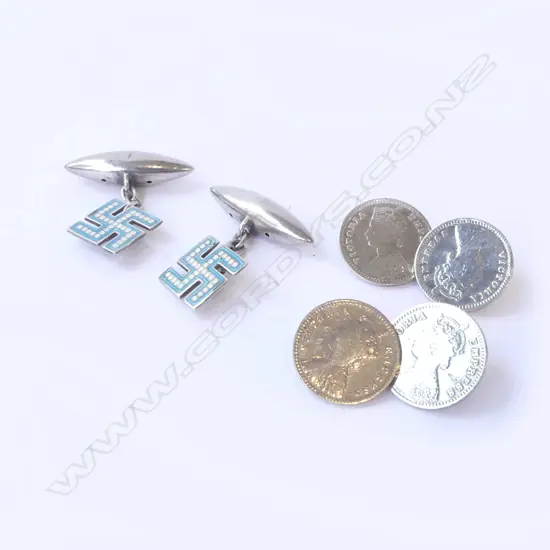 2 PRS CUFFLINKS; 1880 INDIAN SILVER VICTORIA COINS &  BIRM. 1910 w INDIAN SYMBOL of PROSPERITY