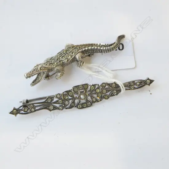 2 BROOCHES; SILVER MARCASITE CROCODILE & SILVER PASTE & SEED PEARL