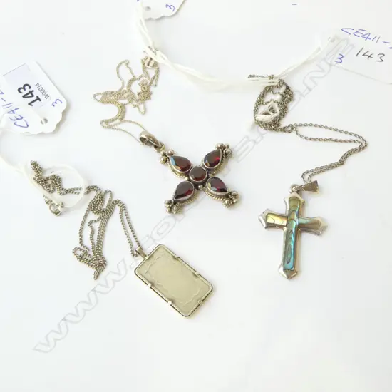3 SILVER PENDANTS; PAUA/SILVER CROSS, GARNET CROSS on silver chain & NZ MINT SILVER BAR w CERAMCO on silver chain