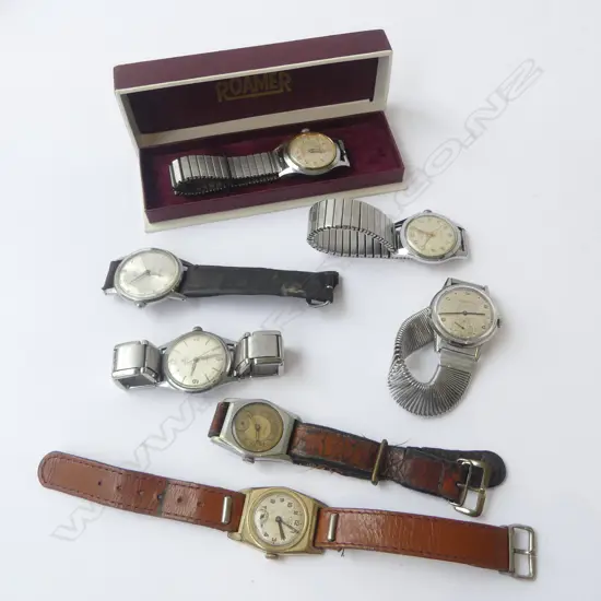 BOXED ROAMER 1940'S GENT'S WRISTWATCH running + 6 OTHER GENT'S WRISTWATCHES some running