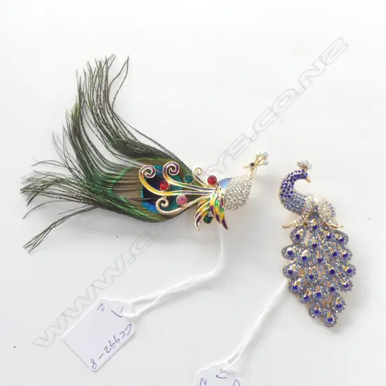 TWO LG COSTUME PEACOCK BROOCHES, ONE w PEACOCK FEATHER H.100 & OTHER 85mm, NEW