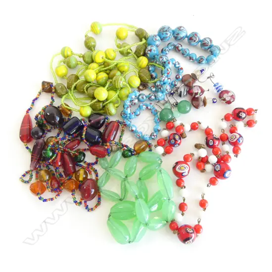 GLASS JEWELLERY; 5 NECKLACES + 3 PRS EARRINGS