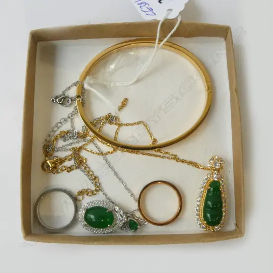 ASST. COSTUME JEWELLERY; 2 NECKLACES, HINGED BANGLE & 2 RINGS
