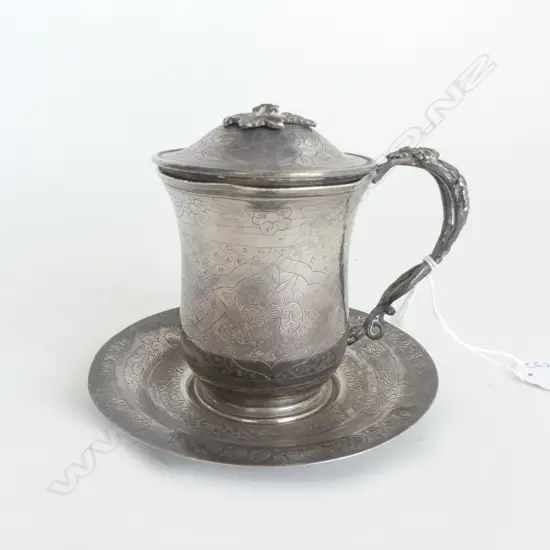 MIDDLE EASTERN SILVER LIDDED CUP & SAUCER, 335grms FAULTS