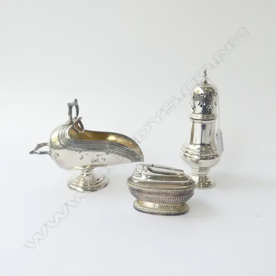 3 PCES EP; SUGAR SIFTER H.170mm, SUGAR SCOOP, TABLE LIGHTER