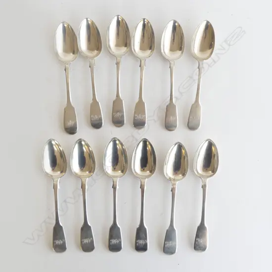 SET 12 VICTORIAN SILVER FIDDLE PATTERN SILVER DESSERT SPOONS 480gms