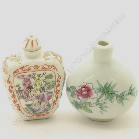 Chinese Famille Rose 'Erotica'  & A Chinese Famille Rose 'Flowers' Snuff Bottle (no tops) -John Perry Collections