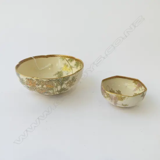 2 JAPANESE FINE SATSUMA BOWLS. Birds & florals. 1 lobed. Dia.130mm