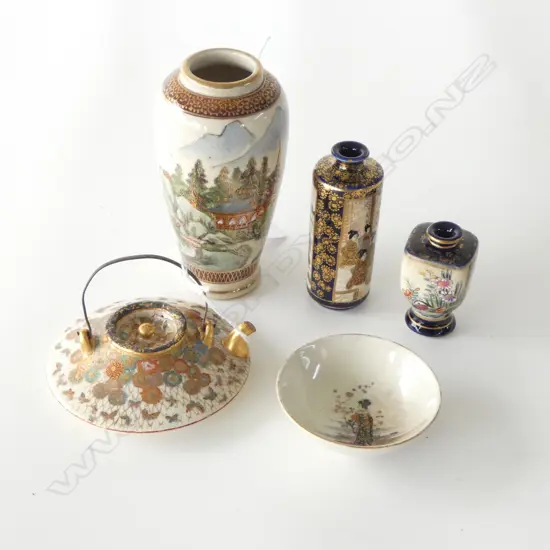 5 SATSUMA PCS TEAPOT DIA100MM 3 SMALL VASES H120MM TALLEST & DISH DIA70MM