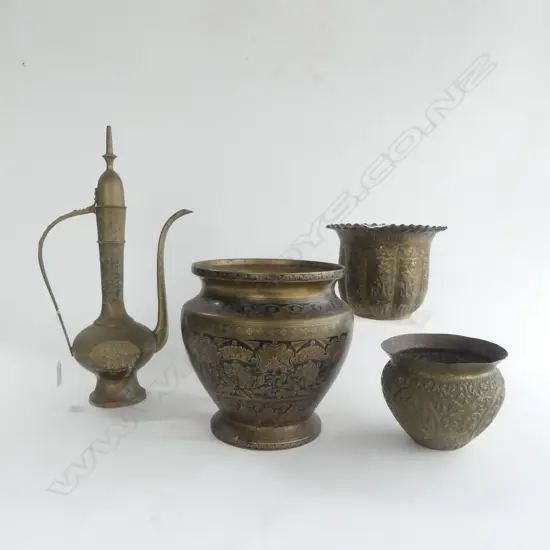 3 EASTERN BRASS JARDINEERS H230MM TALLEST & BRASS COFFEE POT H410MM