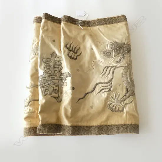 OLD CHINESE SILK EMBROIDERED RUNNER w DRAGONS, L.1900 x 390mm (aged condition)