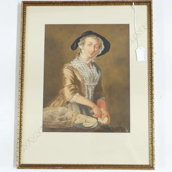 FINE VICTORIAN W/C after Philip Mercier (1689-1760) 'THE FAIR OYSTER GIRL' 270x215mm. The original inscribed in the margin with title and ... 'The Oysters good! the Nymph so fair