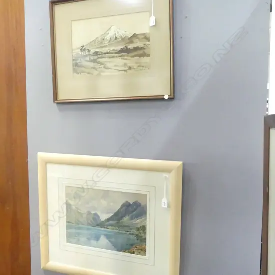 FRED R. FITZGERALD, THE OLDEN LAKE - NORMAY, W/C, 180x370mm + INDISTINCTLY SIGNED W/C OF TARANAKI