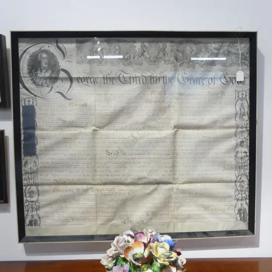 ANTIQUE FRAMED DOCUMENT 'GEORGE THE THIRD BY THE GRACE OF GOD' 685x795mm