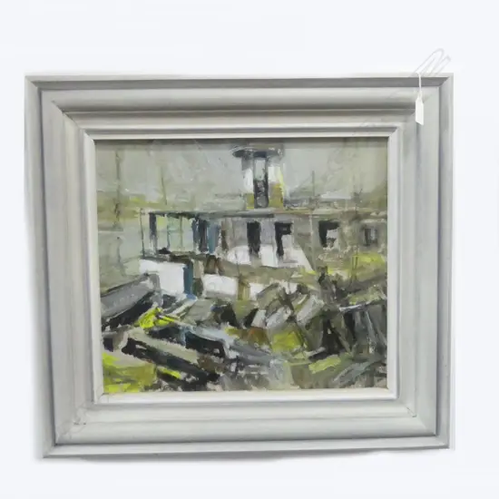 ARTIST UNKNOWN attributed Garth Tapper untitled building or boat oil on board 360 x 415mm c.1960?
