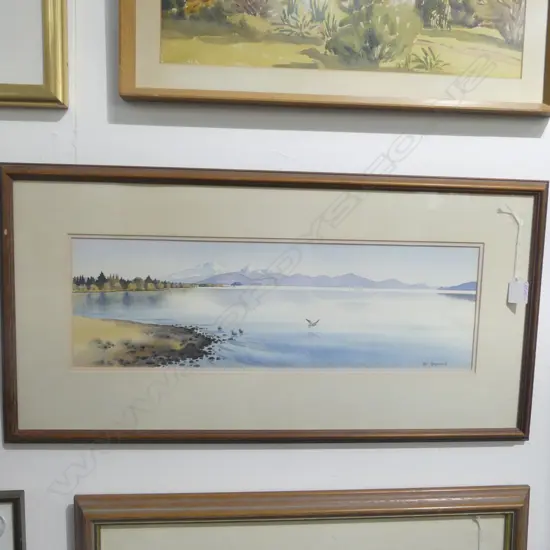 VAL RAYMOND, CALM OVER LAKE TAUPO, W/C, 175x540mm