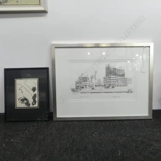 SMALL JANE EVANS PORTRAIT PRINT 155x110mm + BRUCE GILLAN, CUSTOMHOUSE QUAY WELLINGTON', PEN & INK, 200x350mm