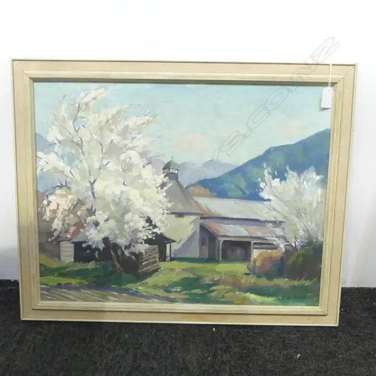 OLIVE BEKEN, HOP BARN AND BLOSSOM RIWAKA (NELSON), OIL ON BOARD, 430x540mm