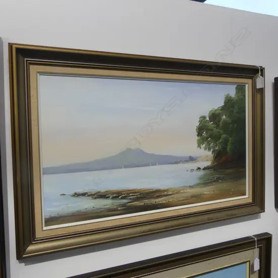 DAVID STONE 'RANGITOTO FROM MUSICK POINT' OIL ON BOARD 345x600mm