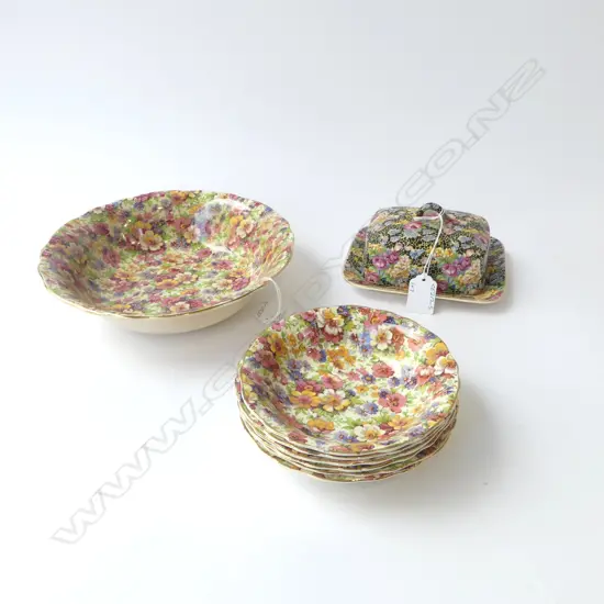 6 ENGLISH CHINA 'DU BARRY' DESSERT BOWLS + BOWL & ROYAL WINTON 'HAZEL' BUTTER DISH (age marks inside)
